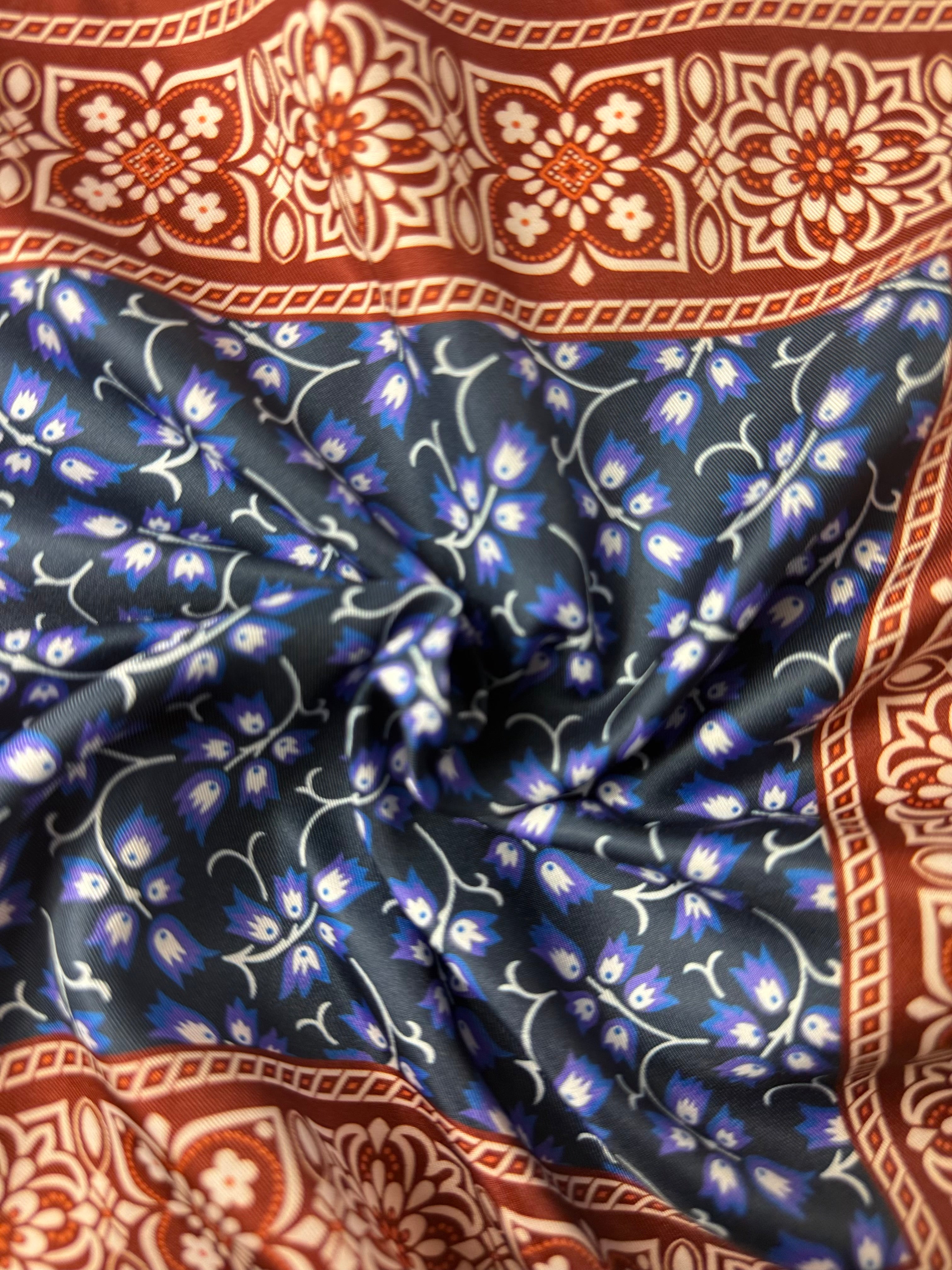 Reddish & Navy Floral and geometric Border Silk Pocket Square