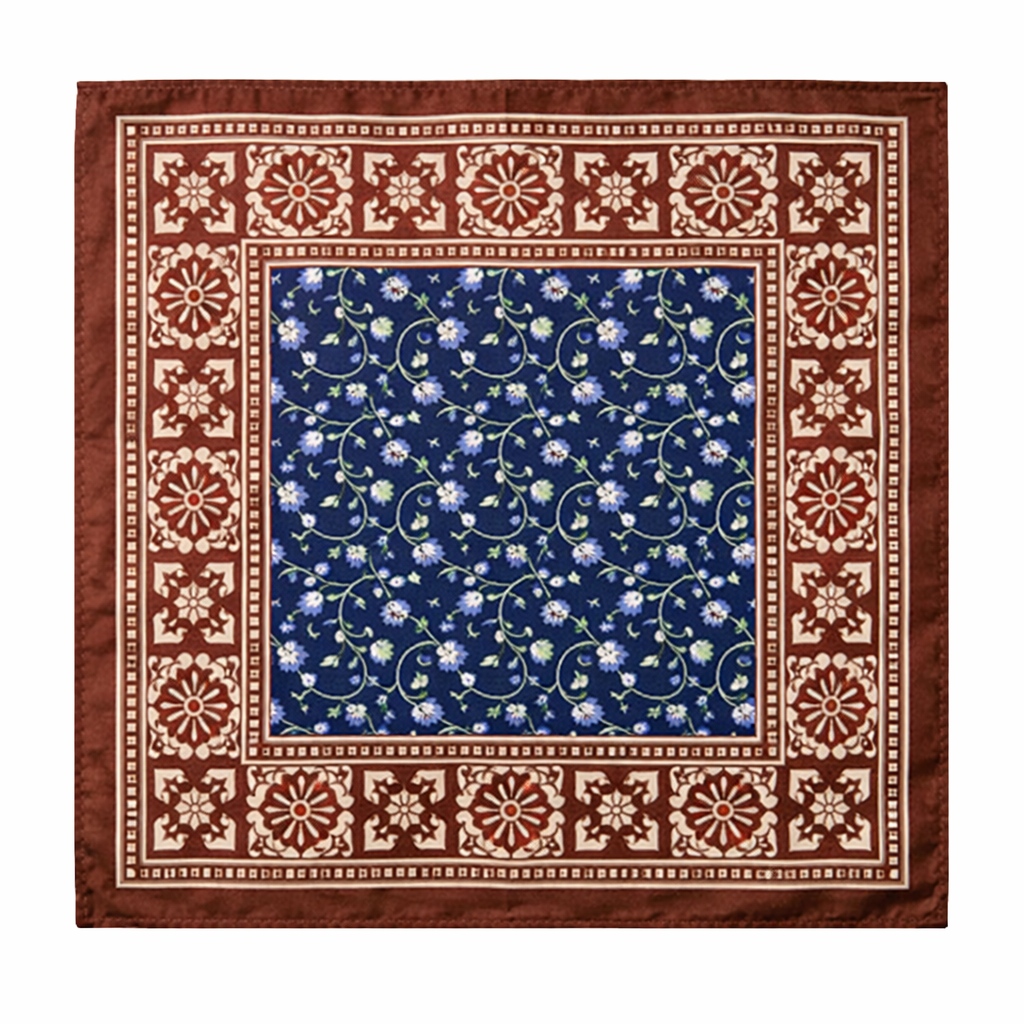 Reddish & Navy Floral and geometric Border Silk Pocket Square